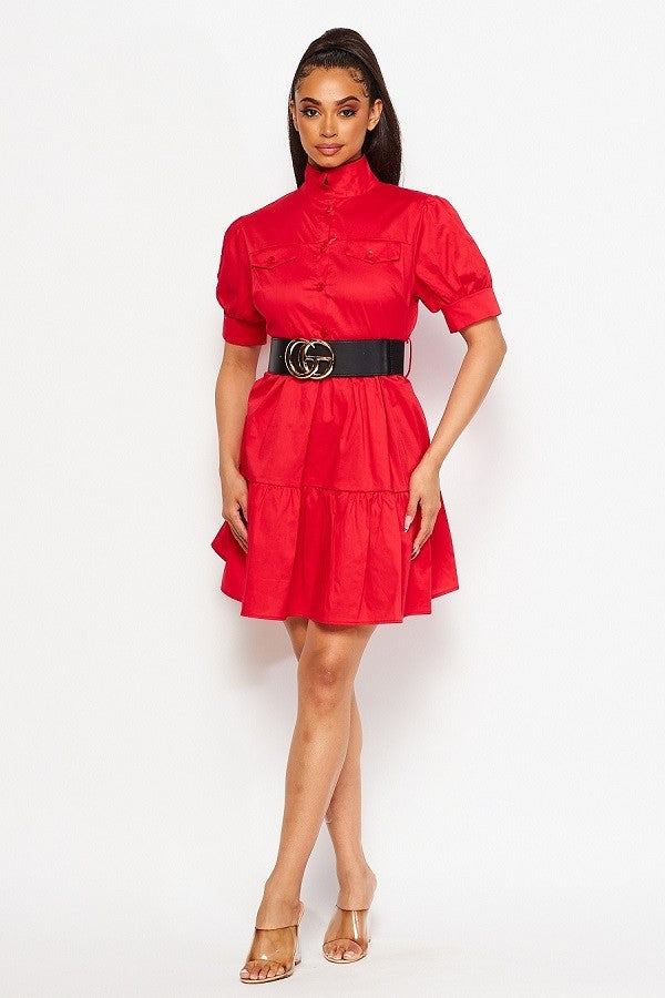 Short Sleeve Flare Dress with Versatile Belt Accessory