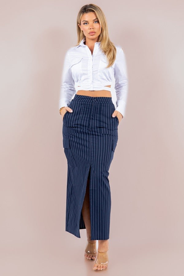 Striped Cargo Maxi Skirt with Front Slit, Side Pockets, and Front Zipper
