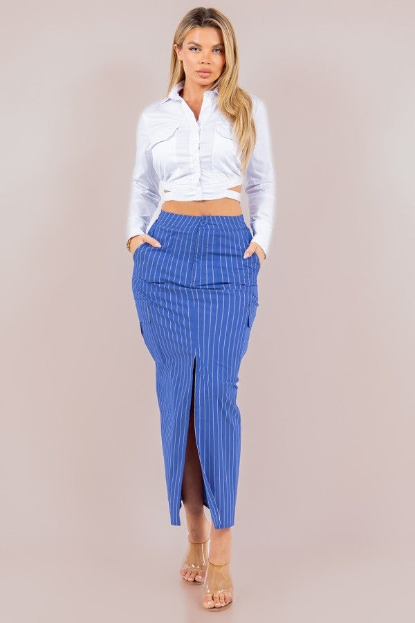 Striped Cargo Maxi Skirt with Front Slit, Side Pockets, and Front Zipper