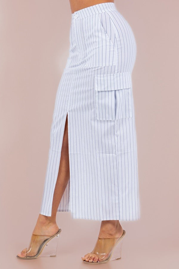 Striped Cargo Maxi Skirt with Front Slit, Side Pockets, and Front Zipper
