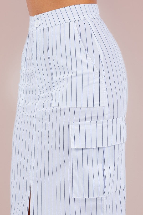 Striped Cargo Maxi Skirt with Front Slit, Side Pockets, and Front Zipper