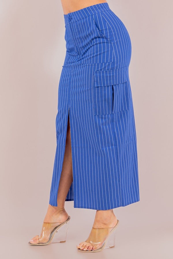 Striped Cargo Maxi Skirt with Front Slit, Side Pockets, and Front Zipper