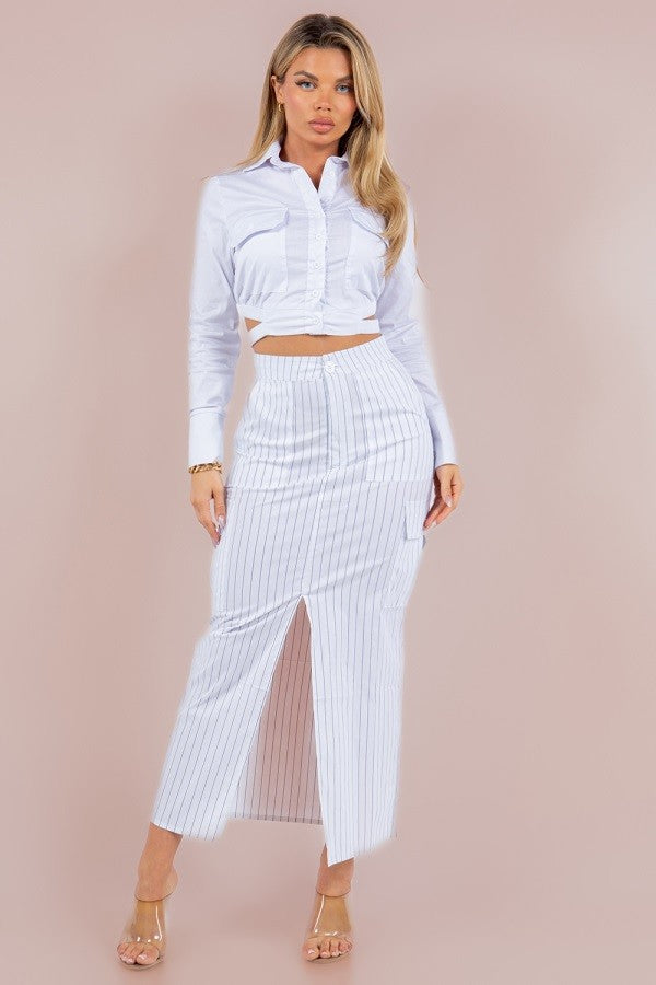Striped Cargo Maxi Skirt with Front Slit, Side Pockets, and Front Zipper