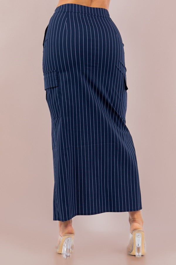 Striped Cargo Maxi Skirt with Front Slit, Side Pockets, and Front Zipper