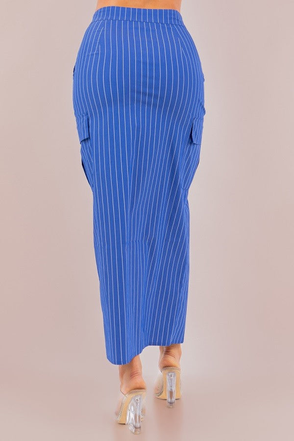 Striped Cargo Maxi Skirt with Front Slit, Side Pockets, and Front Zipper