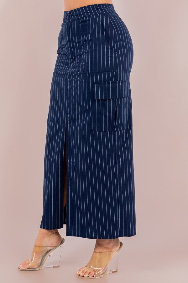 Striped Cargo Maxi Skirt with Front Slit, Side Pockets, and Front Zipper