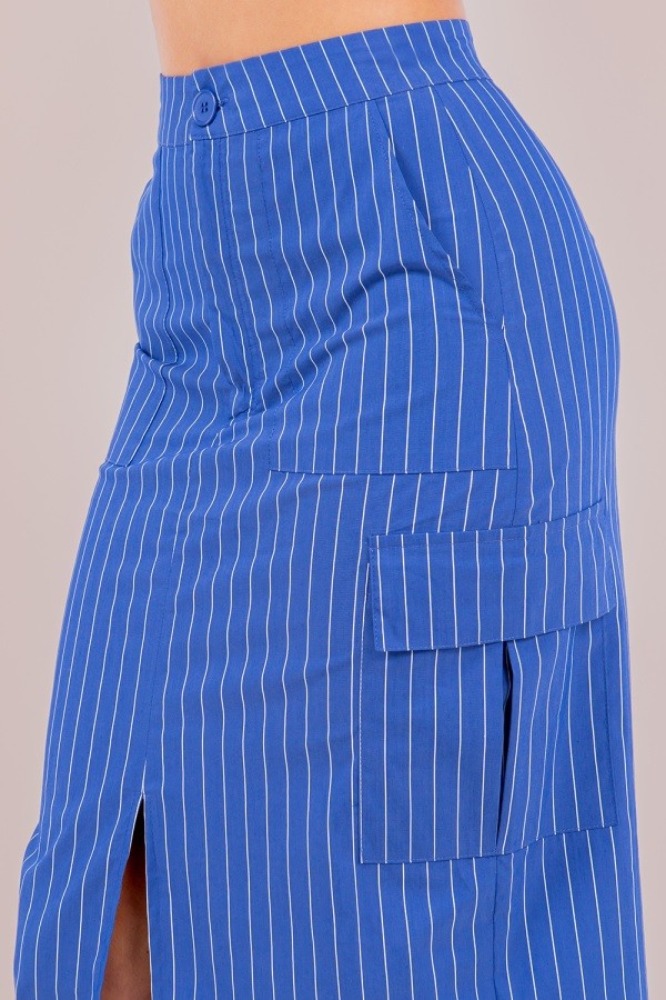 Striped Cargo Maxi Skirt with Front Slit, Side Pockets, and Front Zipper