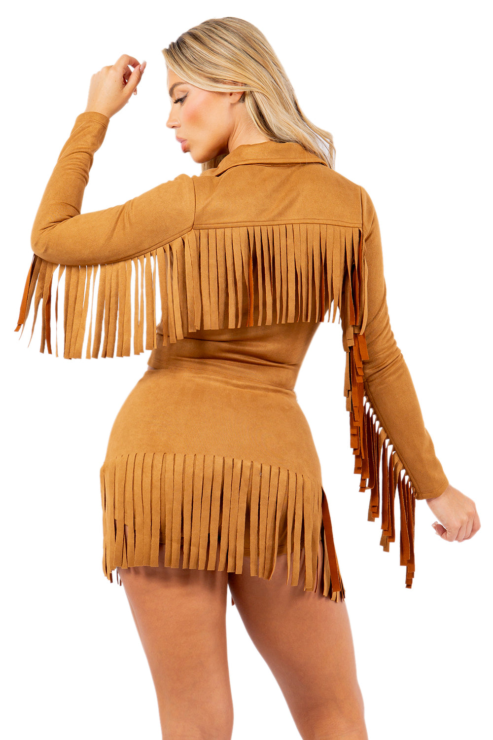 Fringed Skort Set with Zipper Jacket and Fringe Trim