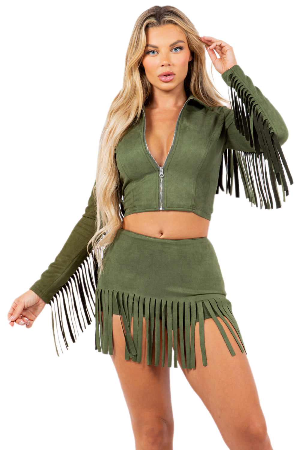 Fringed Skort Set with Zipper Jacket and Fringe Trim