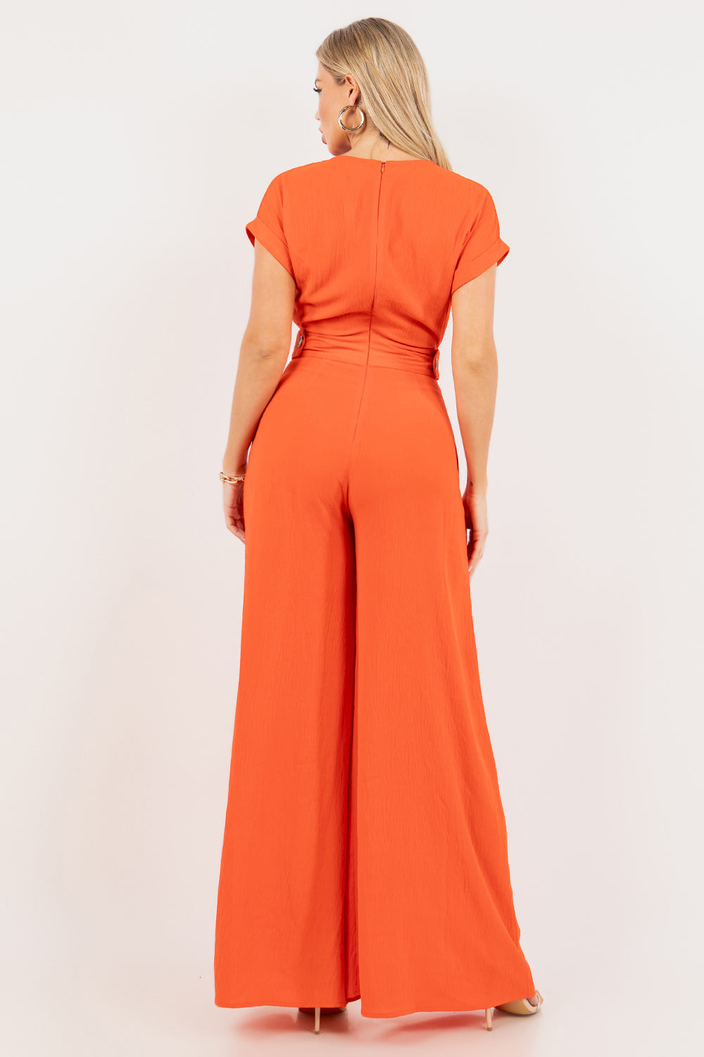 V-Neck Jumpsuit with Front Pockets and Zipper Back