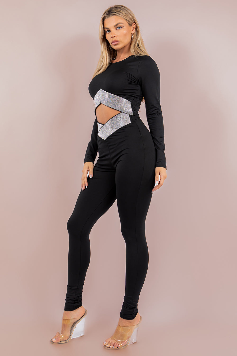 PE-3771 Asymmetrical Embellished Stretch Pant Set Long Sleeve Crop and Skinny Pants