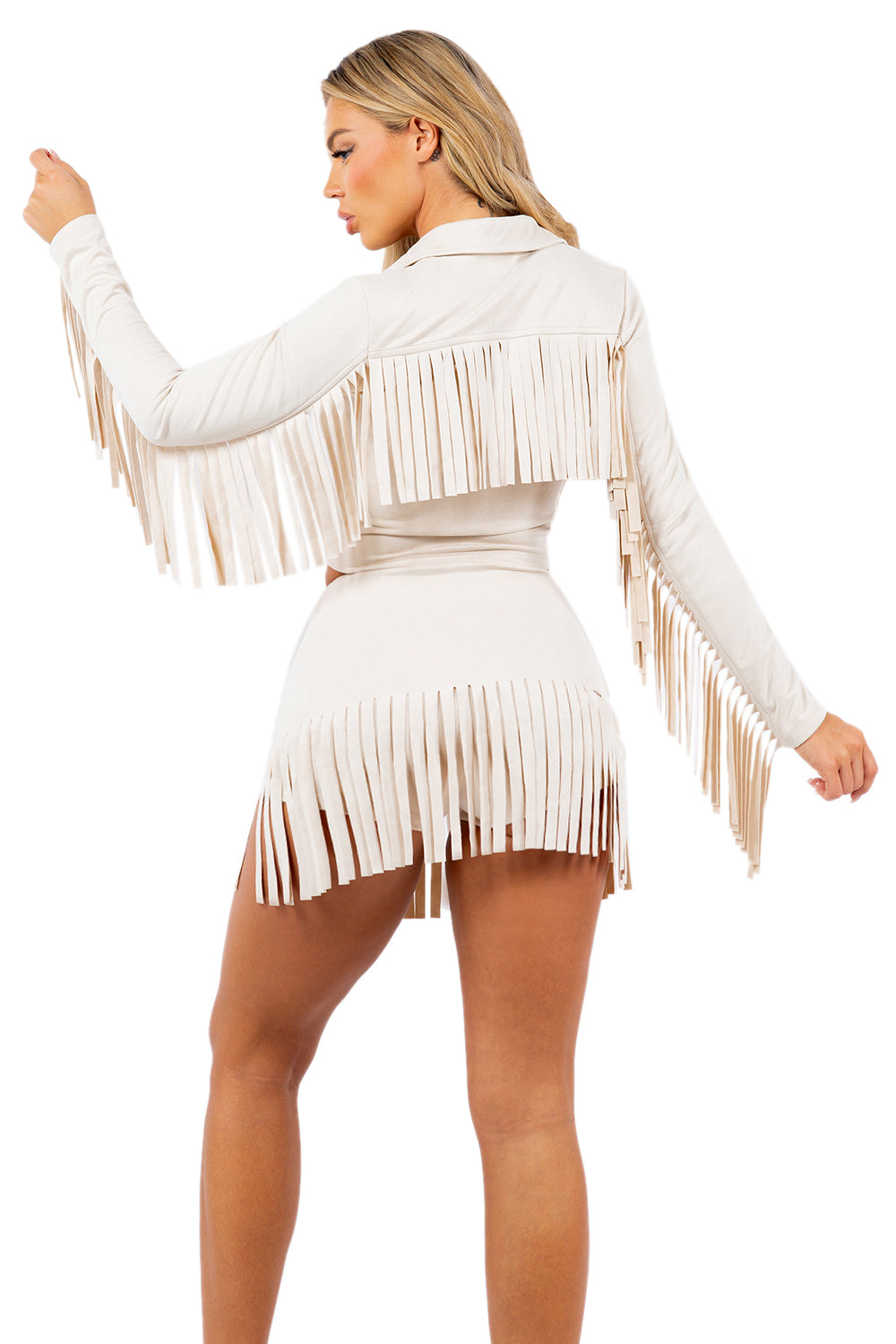 Fringed Skort Set with Zipper Jacket and Fringe Trim