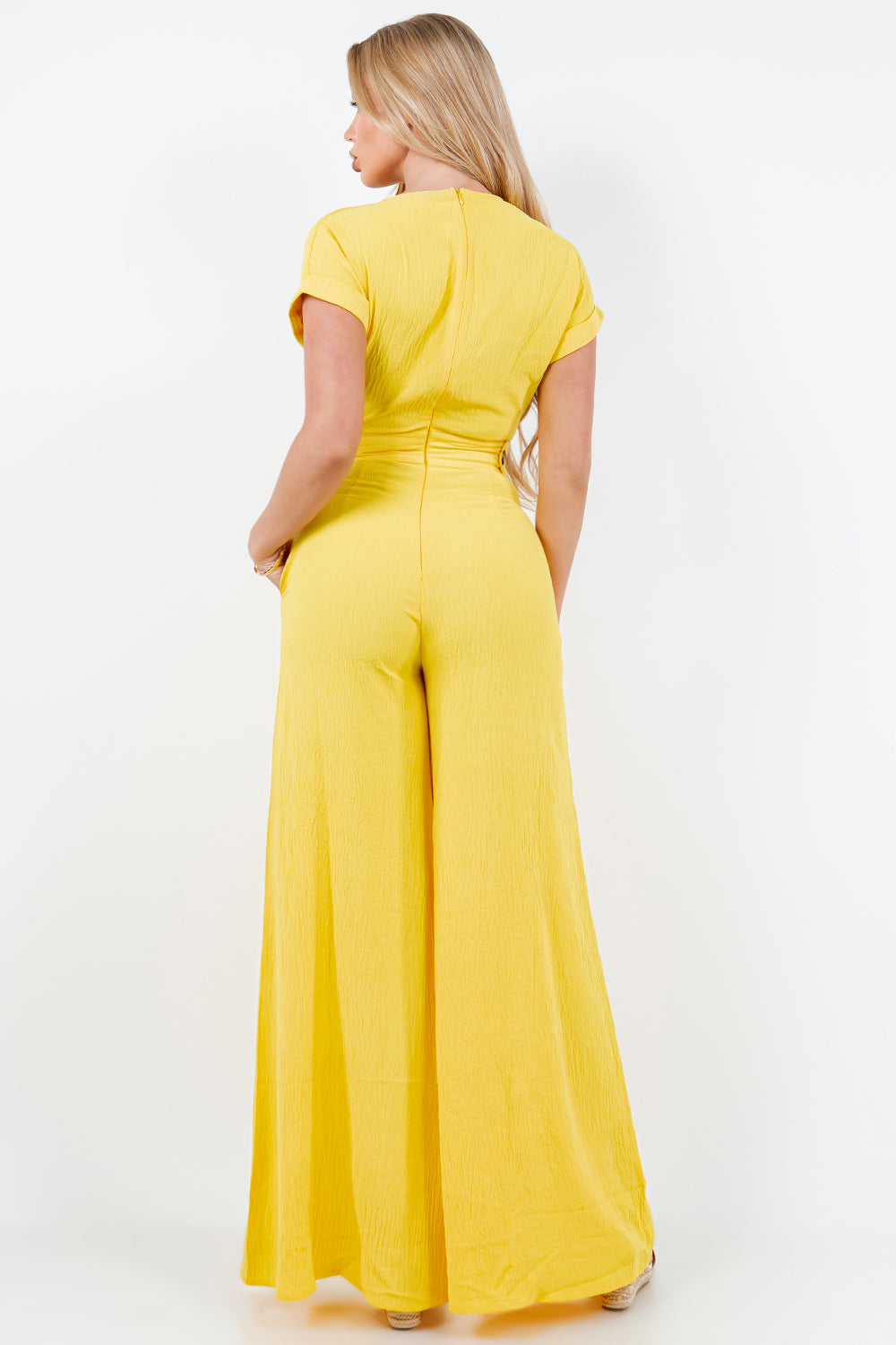 V-Neck Jumpsuit with Front Pockets and Zipper Back