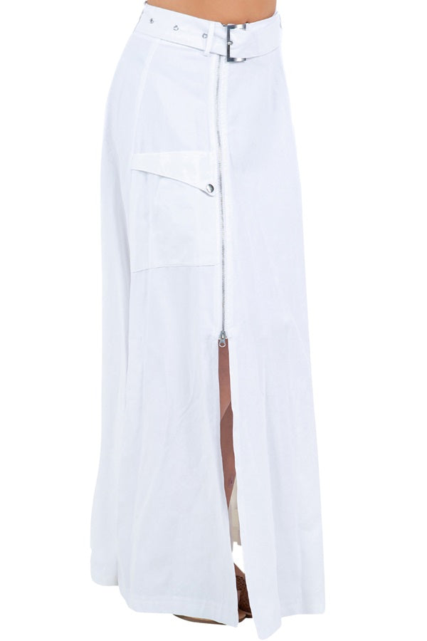 Maxi Long Skirt with Side Front Metal Zipper, Front Pockets, and Belt