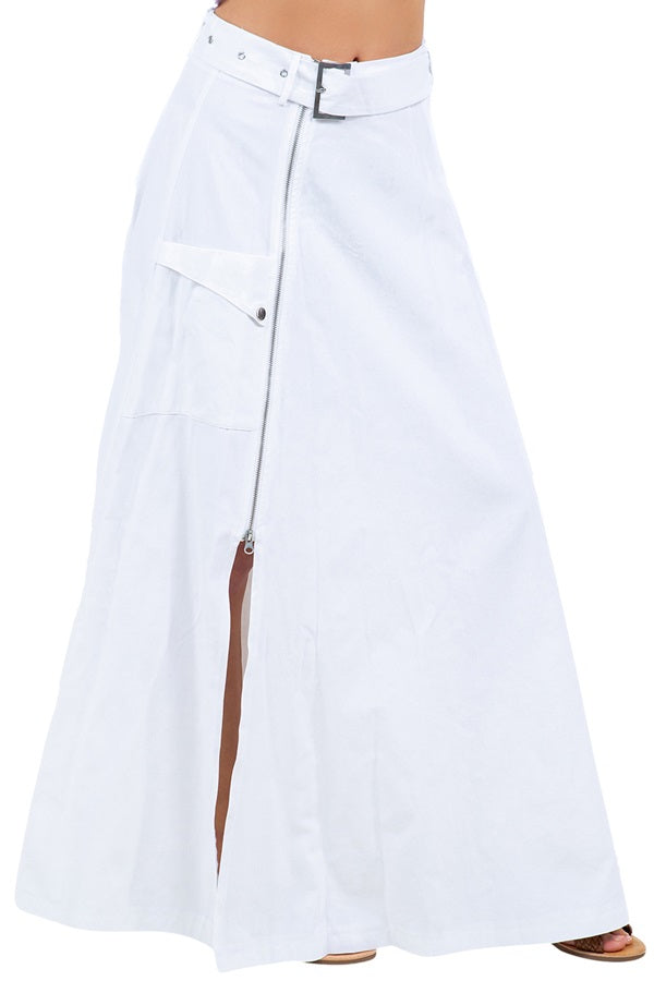 Maxi Long Skirt with Side Front Metal Zipper, Front Pockets, and Belt
