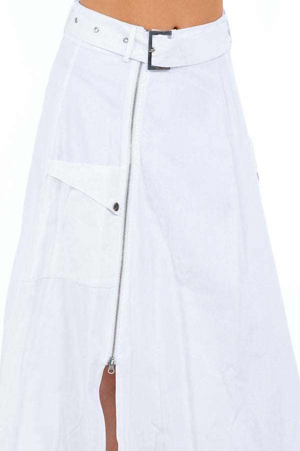 Maxi Long Skirt with Side Front Metal Zipper, Front Pockets, and Belt