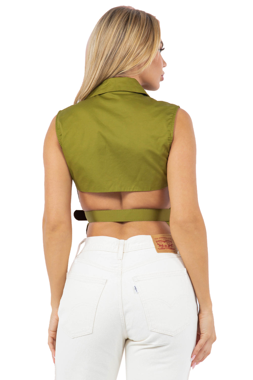 PE-3809 Button-Down Sleeveless Top with Belt