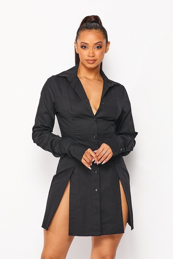 Cotton Classic Shirt Dress with Side Slits
