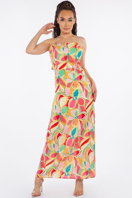 PE-3494  Cotton Maxi Dress with Spaghetti Straps and Tie-Back Detail