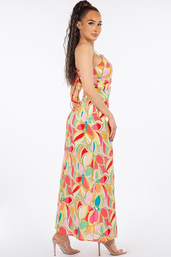 Cotton Maxi Dress with Spaghetti Straps and Tie-Back Detail