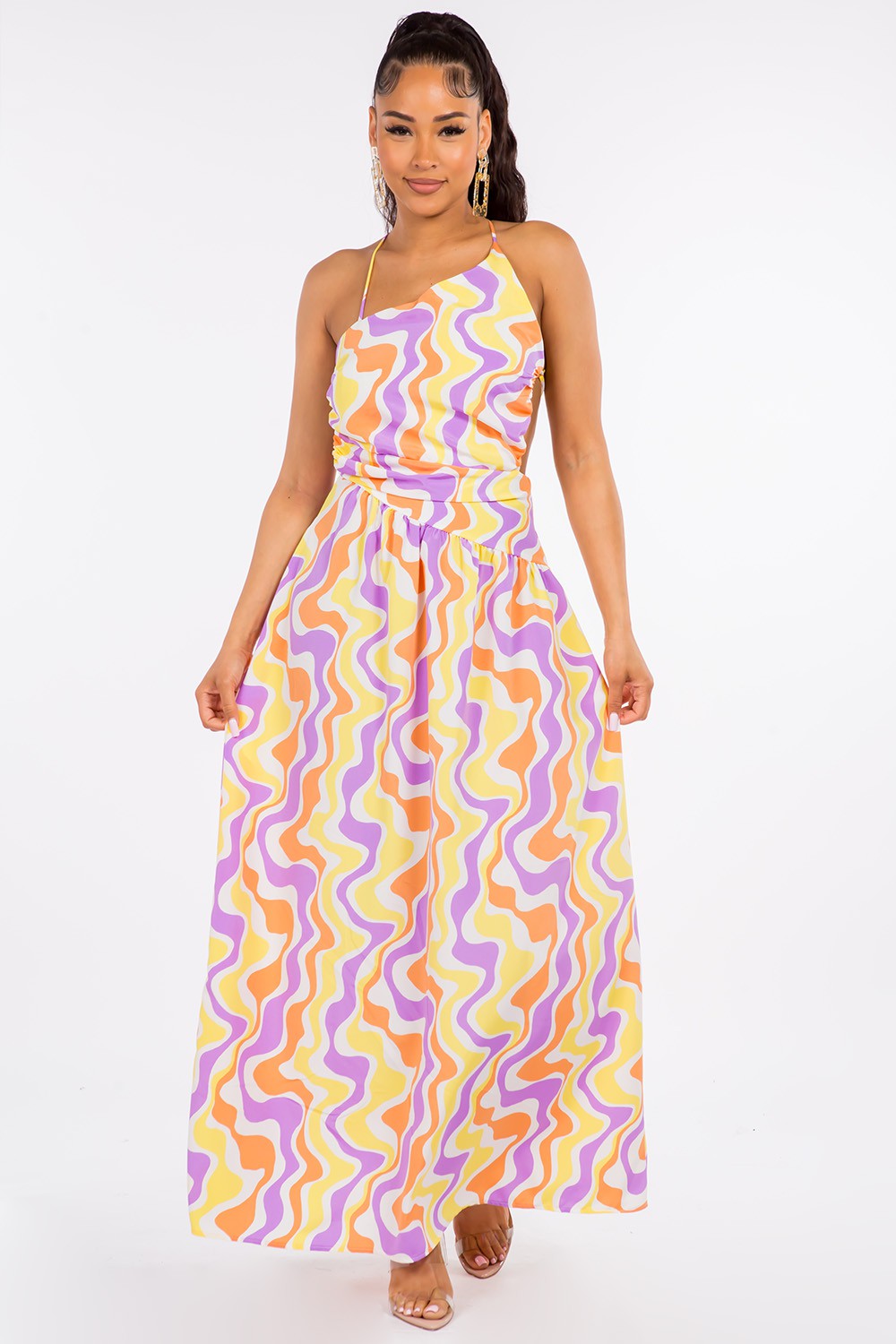 One-Shoulder Pucci-Print Maxi Dress with Open Cross-Back Design