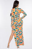 Two Piece Print Skirt Set with Long Sleeve Wrap Top and Slit Skirt