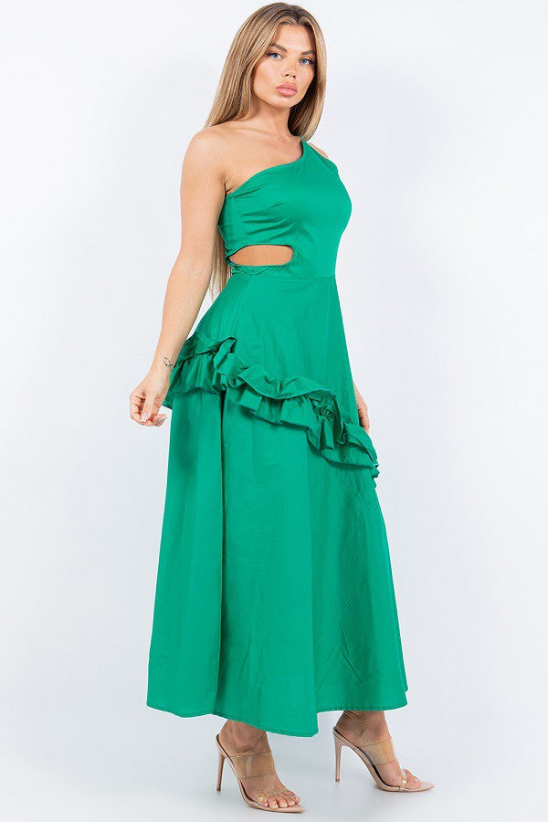 One-Shoulder Long Dress with Side Cutout and Ruffle Overlay