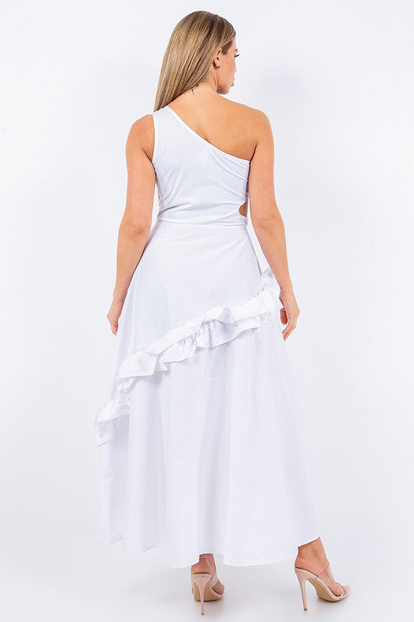 One-Shoulder Long Dress with Side Cutout and Ruffle Overlay