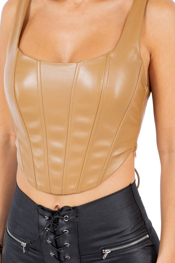 GM-23003 Faux Leather Corset with Tie-Back and Adjustable Straps