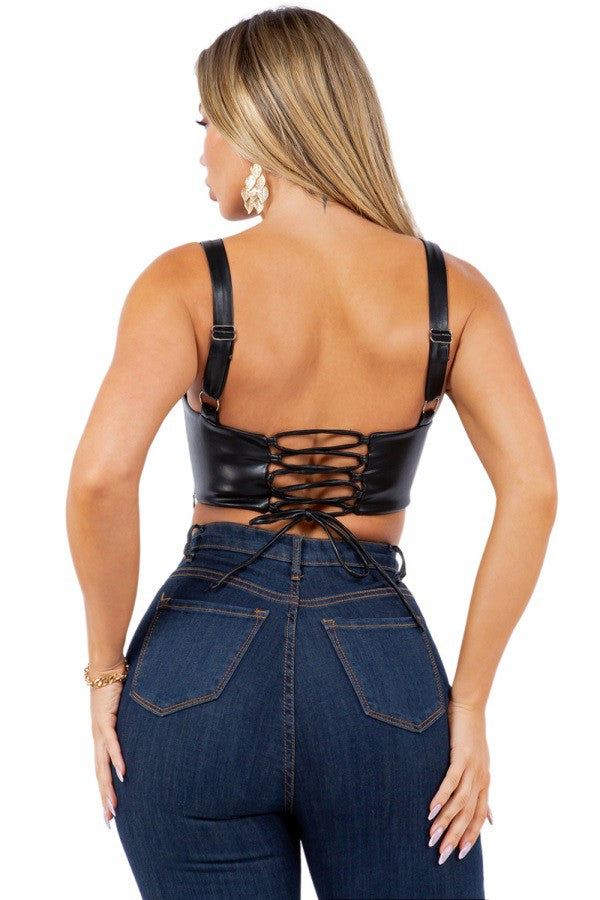 Faux Leather Corset with Tie-Back and Adjustable Straps