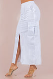 Striped Cargo Maxi Skirt with Front Slit, Side Pockets, and Front Zipper