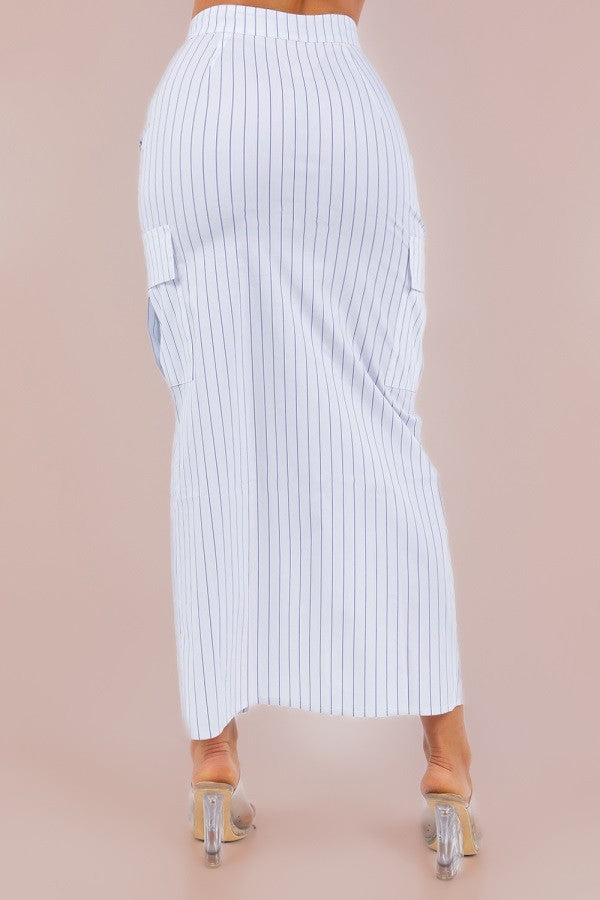 Striped Cargo Maxi Skirt with Front Slit, Side Pockets, and Front Zipper