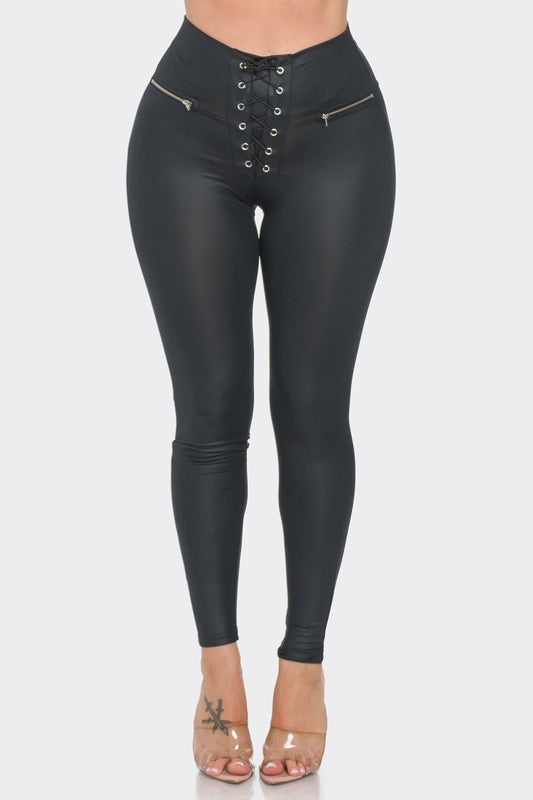 Black leggings with stylish lace-up front and practical zipper pockets