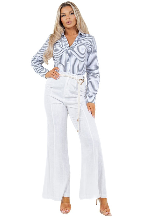 LINEN BELL BOTTOMS PANTS WITH ROPE BELT