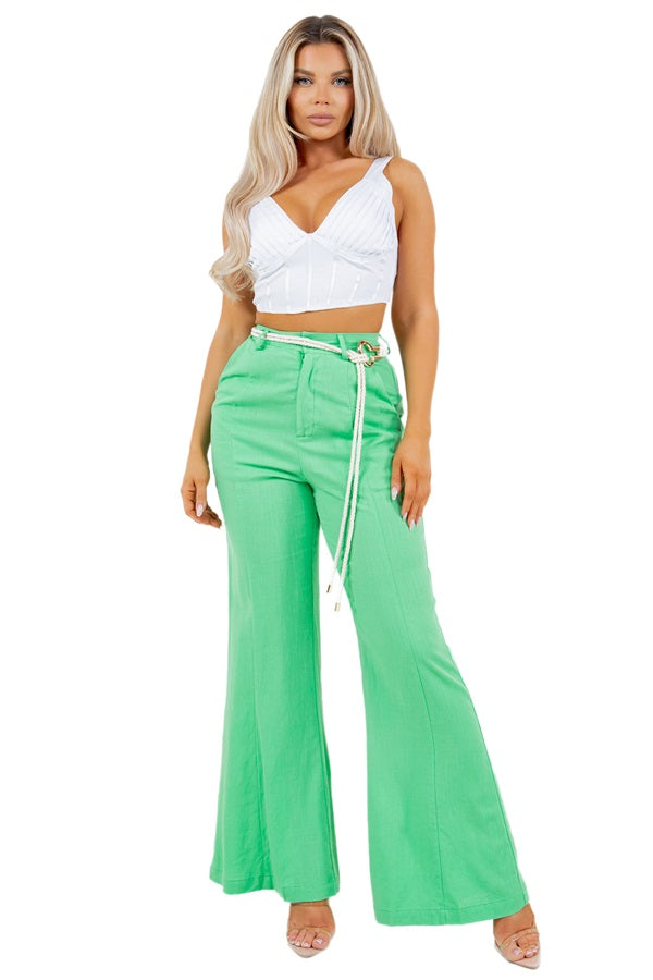 LINEN BELL BOTTOMS PANTS WITH ROPE BELT