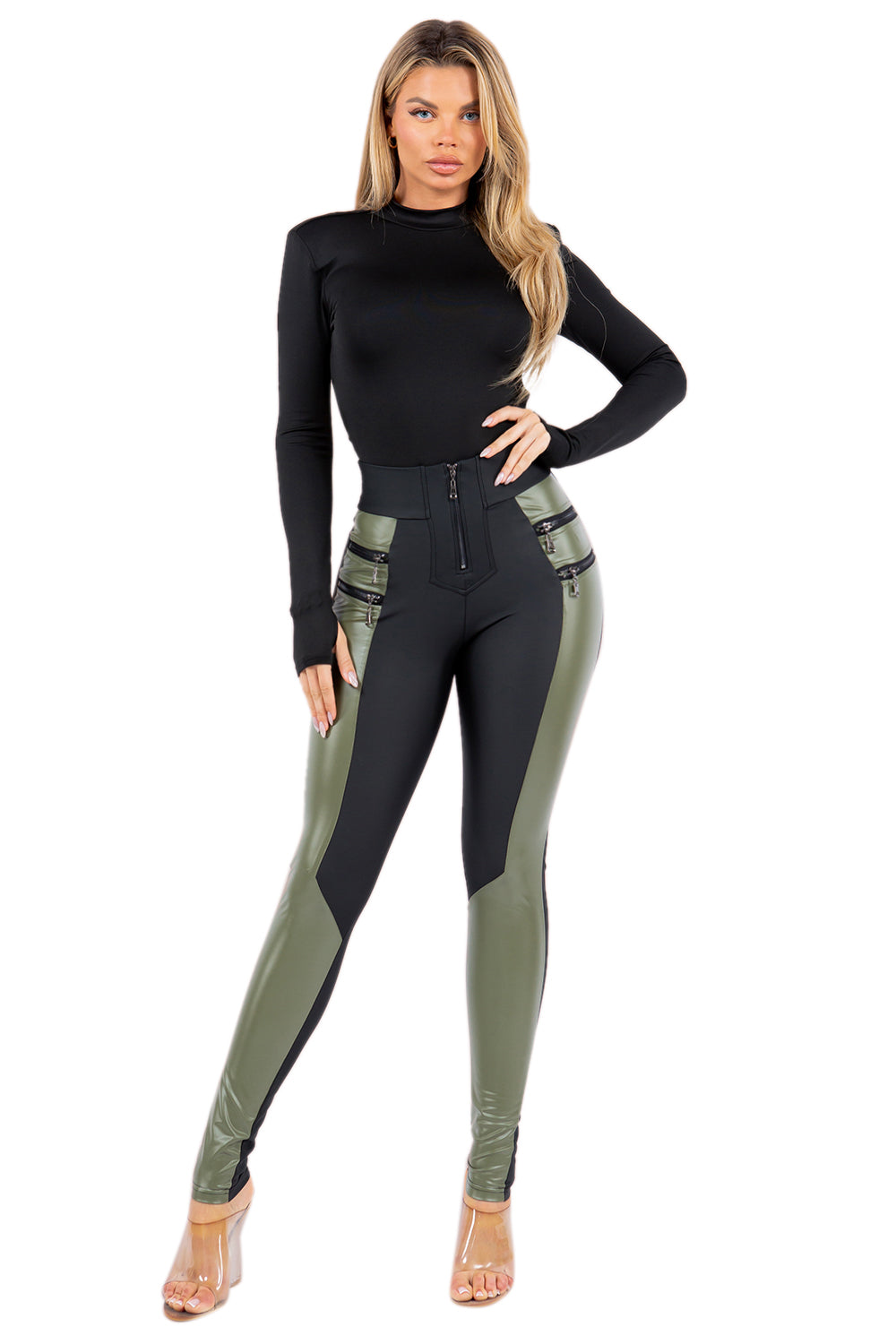 Women's Stretch Pleather Color Block Leggings with Front Zipper and Back Pockets