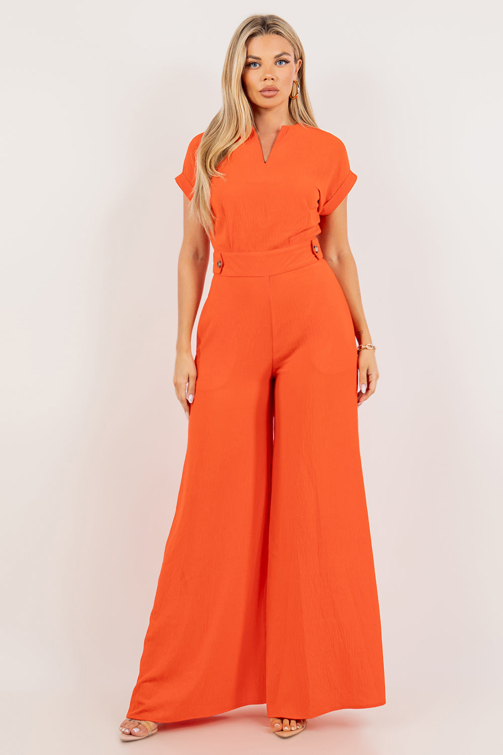 V-Neck Jumpsuit with Front Pockets and Zipper Back