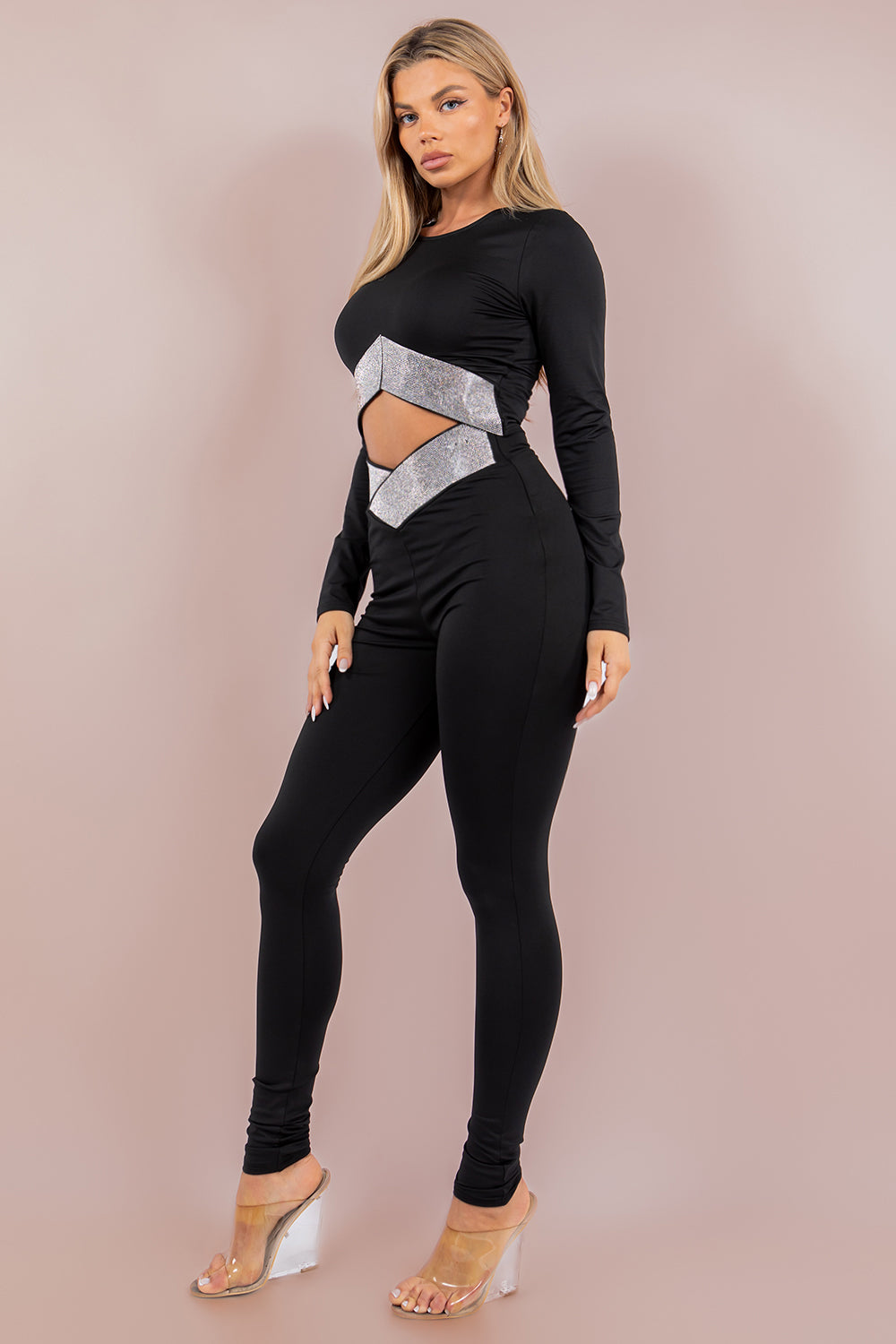 Asymmetrical Embellished Stretch Pant Set Long Sleeve Crop and Skinny Pants