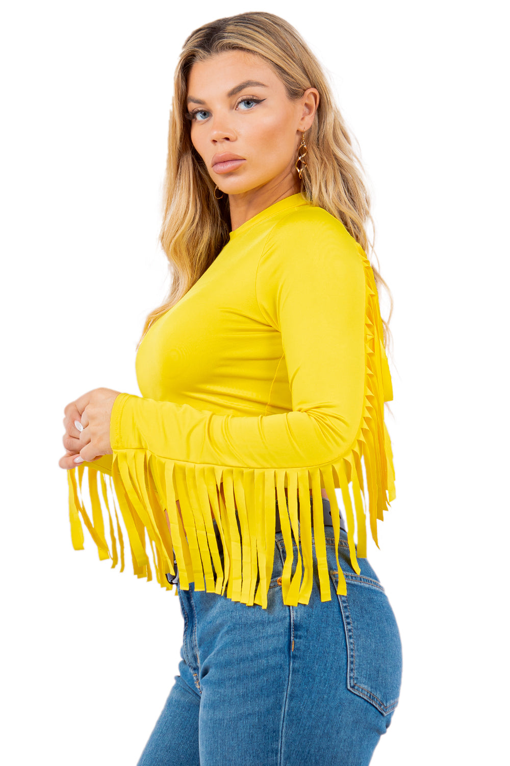 Long Sleeve Round Neck Stretch Crop Top with Fringe Back