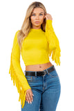 Long Sleeve Round Neck Stretch Crop Top with Fringe Back
