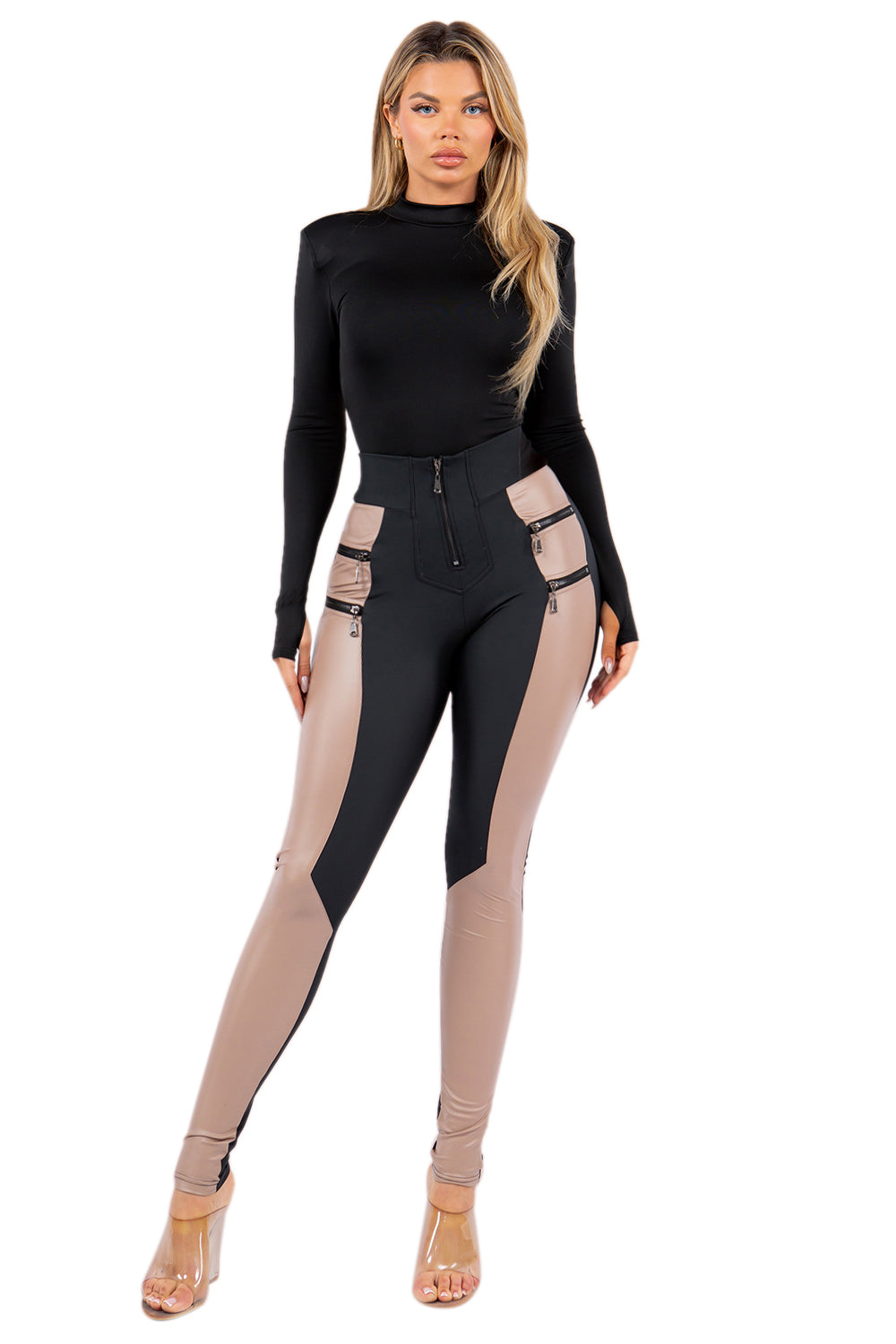 Women's Stretch Pleather Color Block Leggings with Front Zipper and Back Pockets