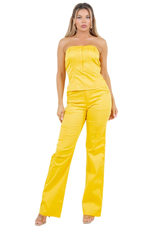 Strapless Bustier Top and Pocketed Pants Set.