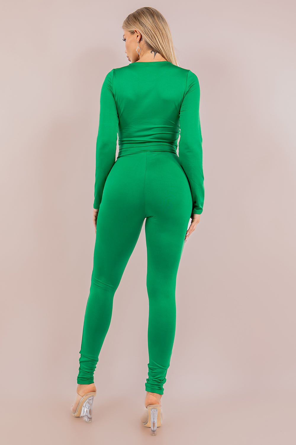 Asymmetrical Embellished Stretch Pant Set Long Sleeve Crop and Skinny Pants