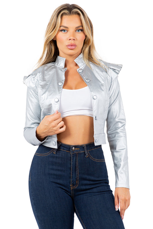 Women's Metallic Cropped Jacket with Ruffle Shoulder Detail and Long Sleeves