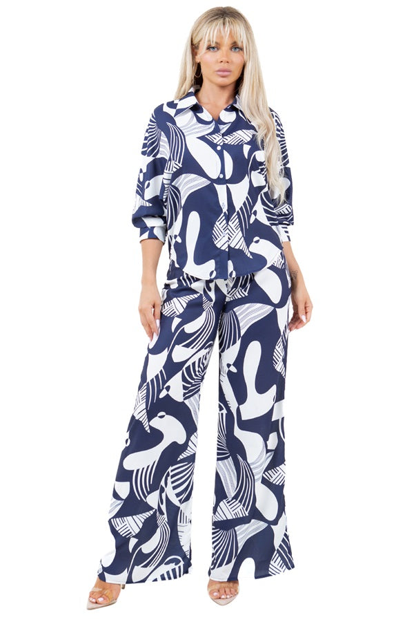 Abstract Print Pants Set- Button Down Blouse & Straight Leg Elastic Back Pants