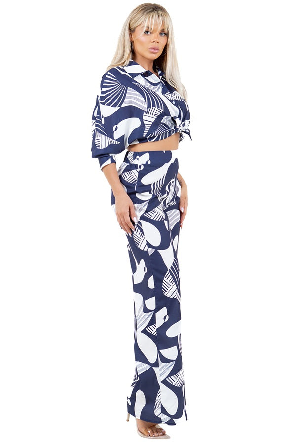 Abstract Print Pants Set- Button Down Blouse & Straight Leg Elastic Back Pants