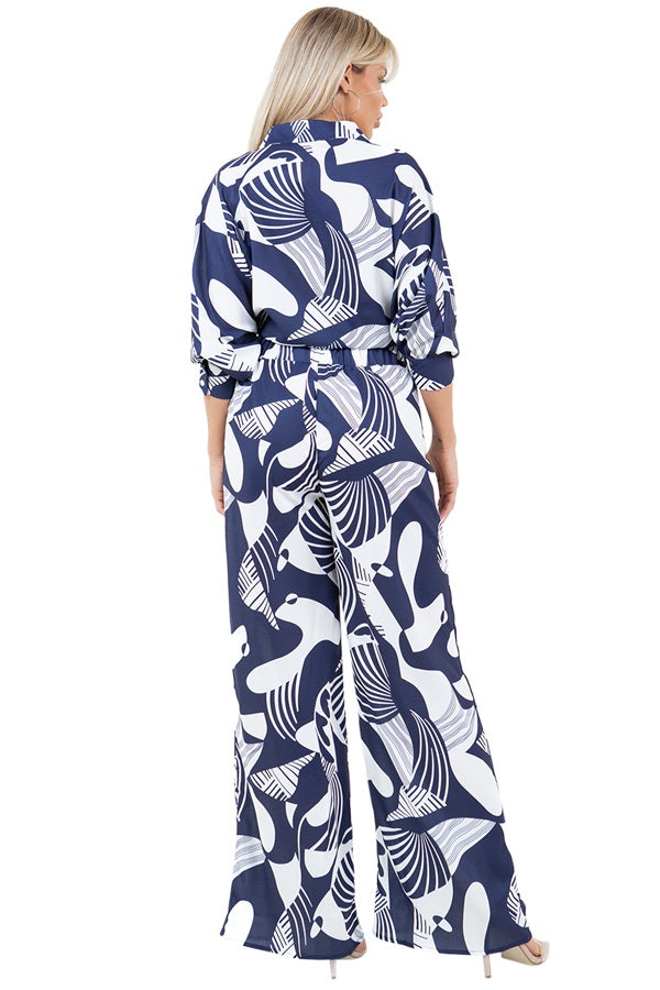 Abstract Print Pants Set- Button Down Blouse & Straight Leg Elastic Back Pants