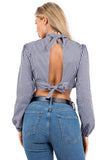 Checkered Open-Back Blouse with Elegant Bow