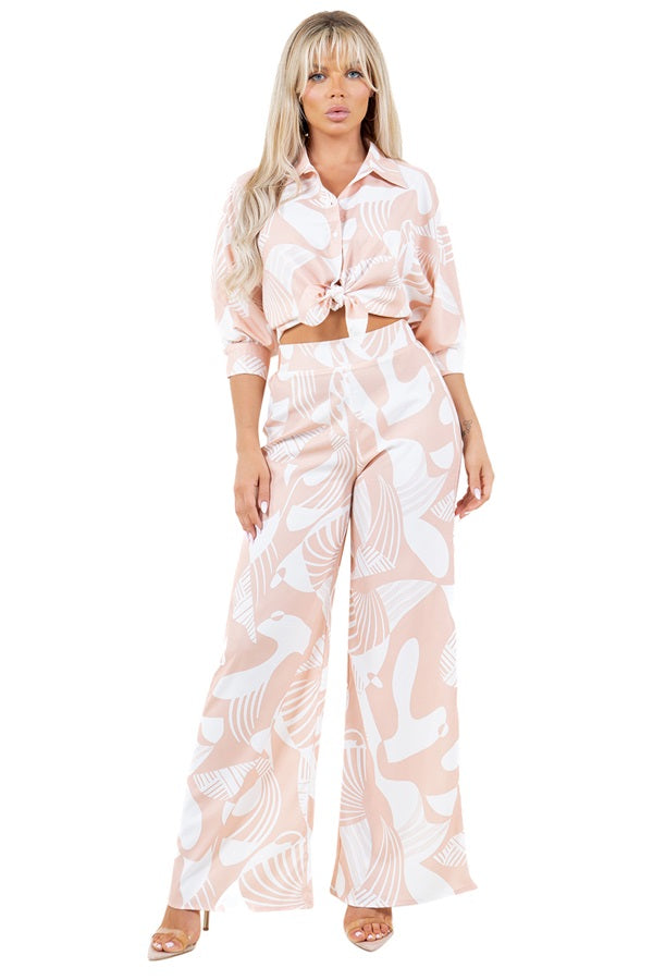 Abstract Print Pants Set- Button Down Blouse & Straight Leg Elastic Back Pants