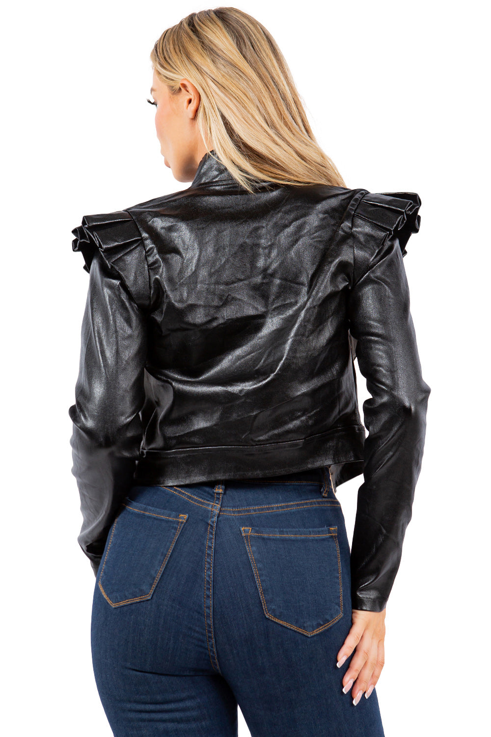 Women's Metallic Cropped Jacket with Ruffle Shoulder Detail and Long Sleeves